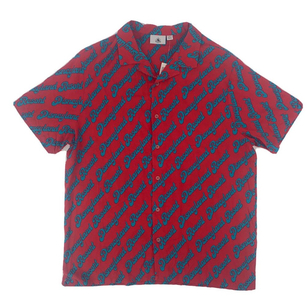 Men's Disney Parks SS Camp Shirt Red L NWT Disneyland Resort All Over Print
